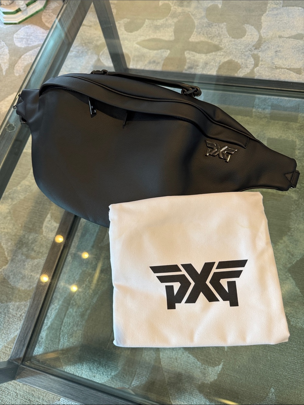 PXG Black Vegan Leather Messenger Bag with Logo Accent